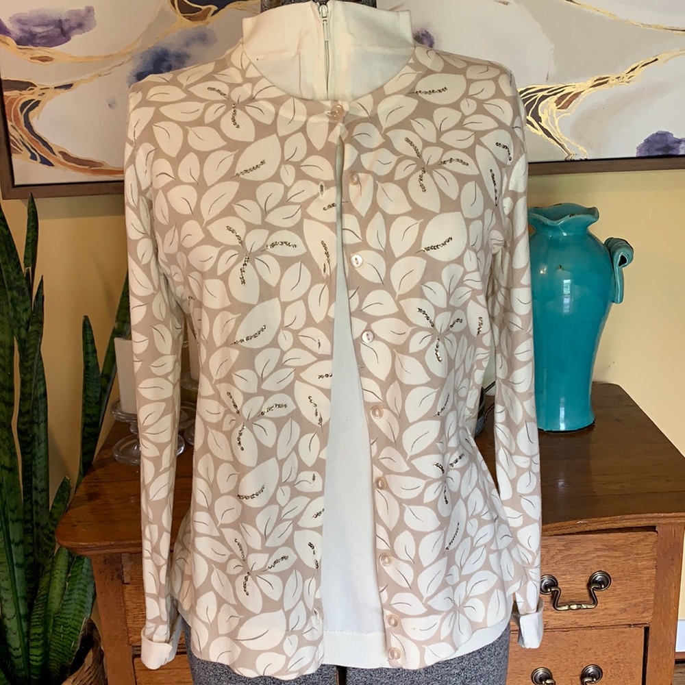 Tan and cream cotton floral cardigan